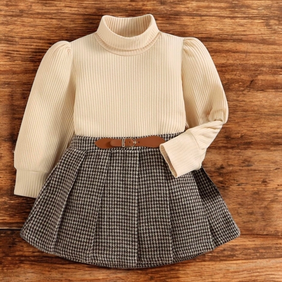 Toddler Girl Trendy Ruffled Ribbed Long-sleeve Tee and Plaid Skirt, NWT - Picture 2 of 8